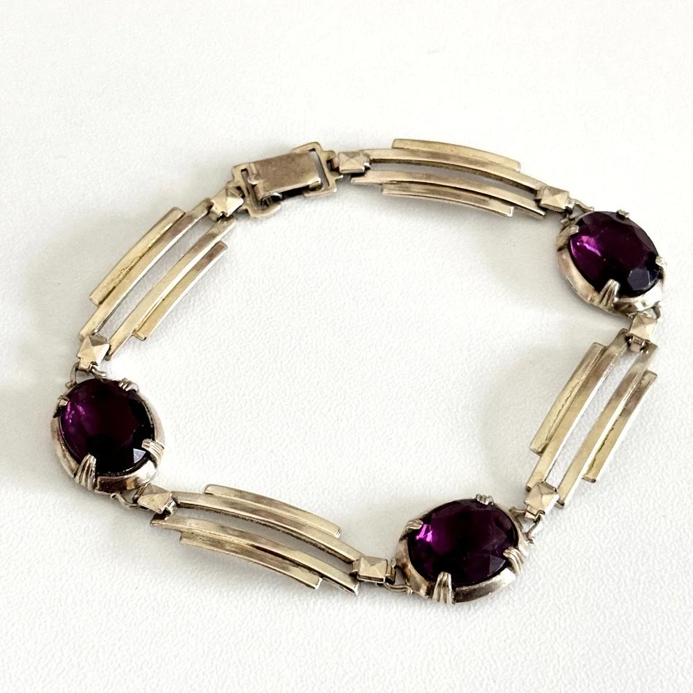 Symmetalic 925 Sterling Silver & 14K Gold Two Tone Purple Faceted Glass Bracelet